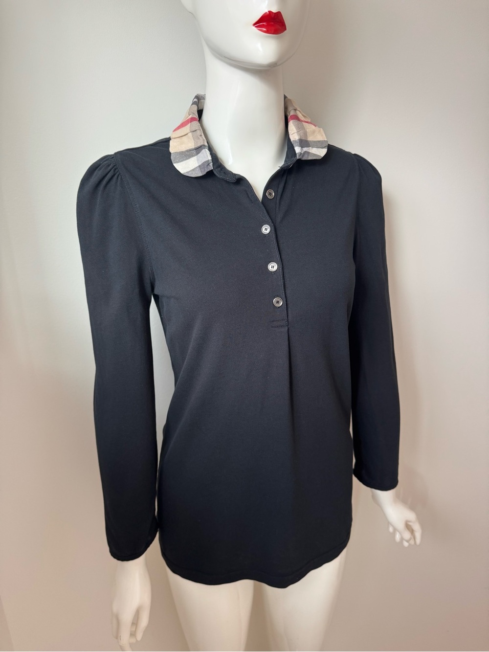 Burberry Brit black longsleeve nova check plaid ruffled collar polo top